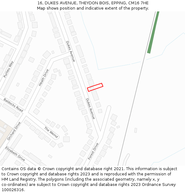 16, DUKES AVENUE, THEYDON BOIS, EPPING, CM16 7HE: Location map and indicative extent of plot