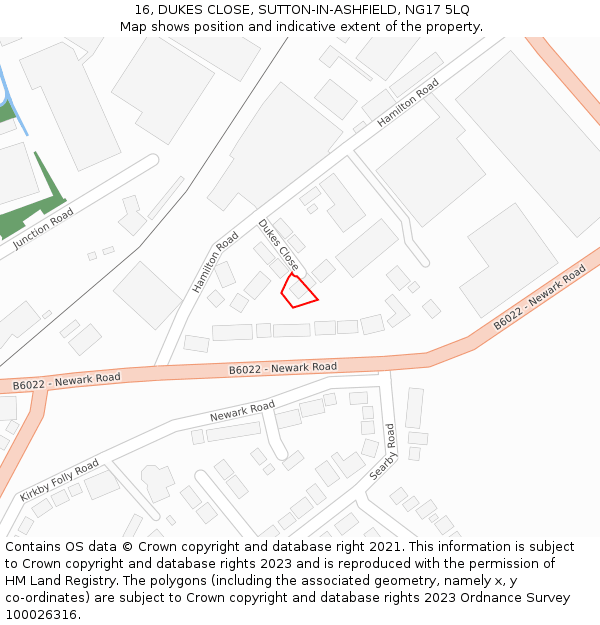 16, DUKES CLOSE, SUTTON-IN-ASHFIELD, NG17 5LQ: Location map and indicative extent of plot