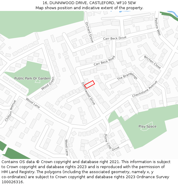 16, DUNNIWOOD DRIVE, CASTLEFORD, WF10 5EW: Location map and indicative extent of plot