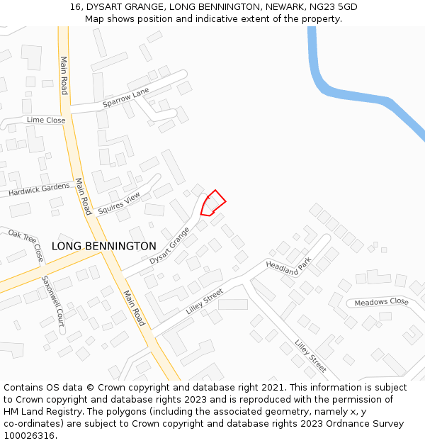 16, DYSART GRANGE, LONG BENNINGTON, NEWARK, NG23 5GD: Location map and indicative extent of plot