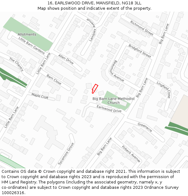 16, EARLSWOOD DRIVE, MANSFIELD, NG18 3LL: Location map and indicative extent of plot