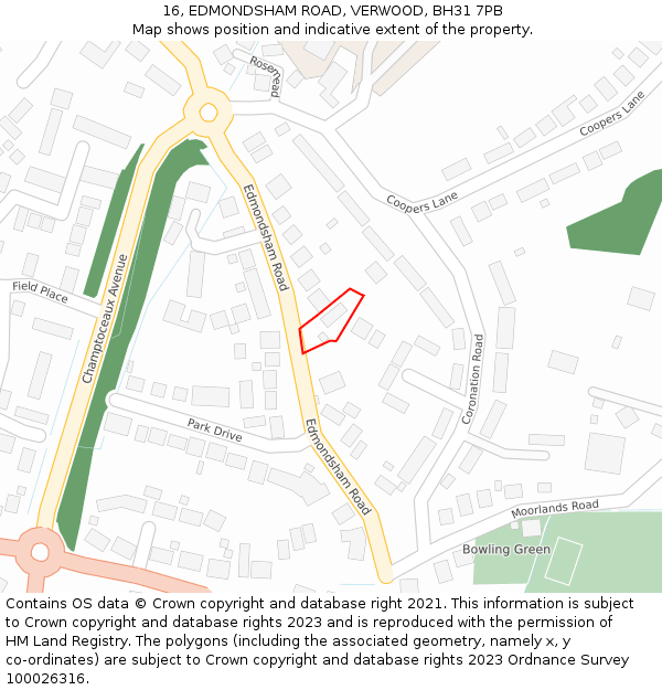 16, EDMONDSHAM ROAD, VERWOOD, BH31 7PB: Location map and indicative extent of plot