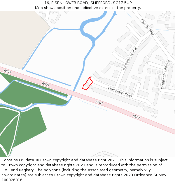 16, EISENHOWER ROAD, SHEFFORD, SG17 5UP: Location map and indicative extent of plot