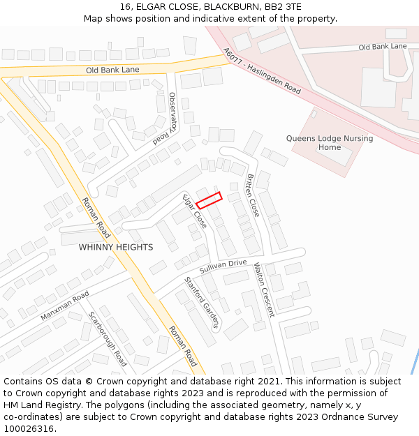 16, ELGAR CLOSE, BLACKBURN, BB2 3TE: Location map and indicative extent of plot