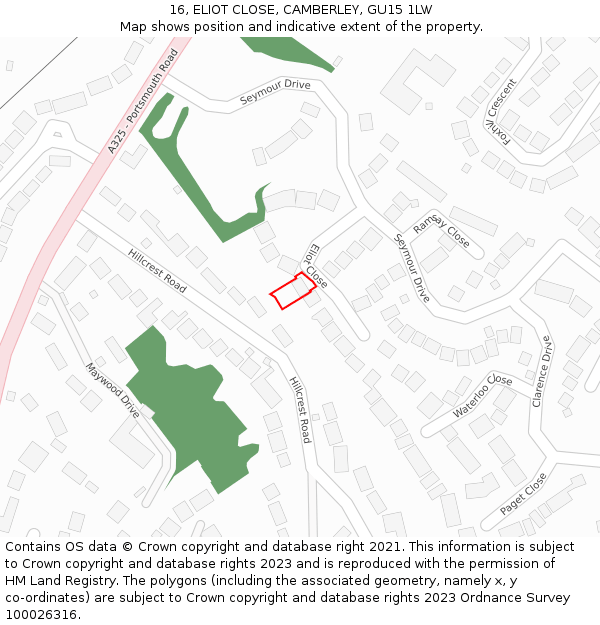 16, ELIOT CLOSE, CAMBERLEY, GU15 1LW: Location map and indicative extent of plot