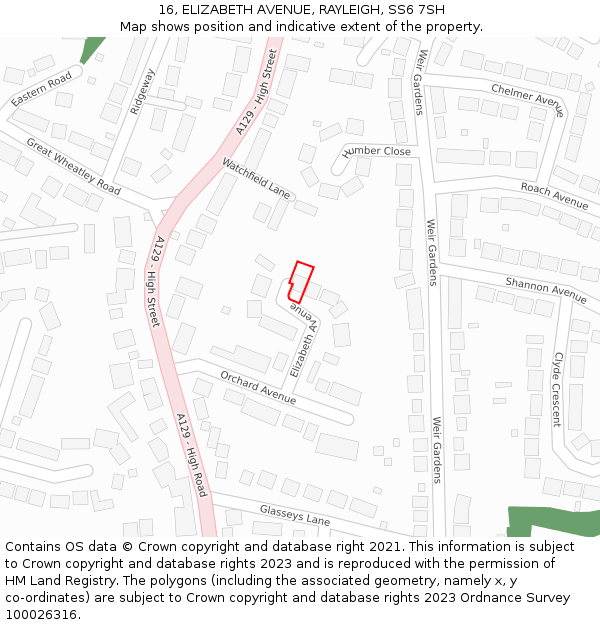 16, ELIZABETH AVENUE, RAYLEIGH, SS6 7SH: Location map and indicative extent of plot