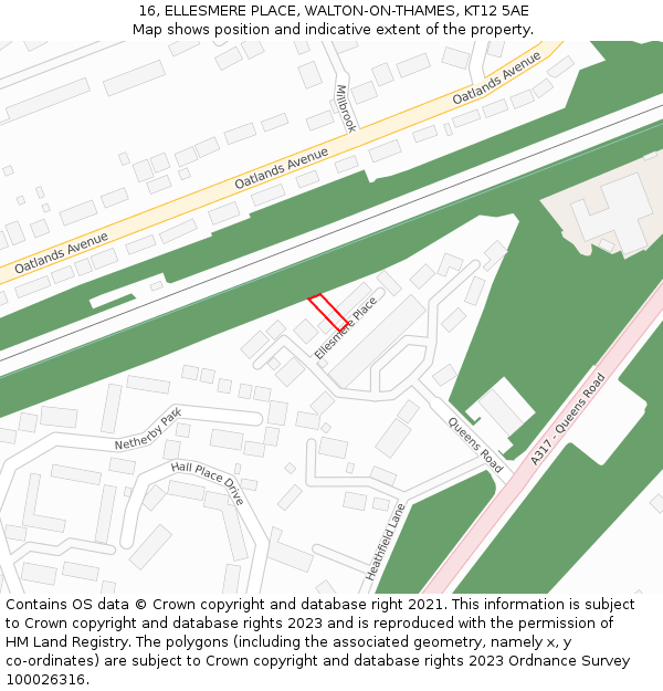 16, ELLESMERE PLACE, WALTON-ON-THAMES, KT12 5AE: Location map and indicative extent of plot