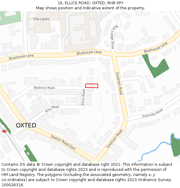 16, ELLICE ROAD, OXTED, RH8 0PY: Location map and indicative extent of plot