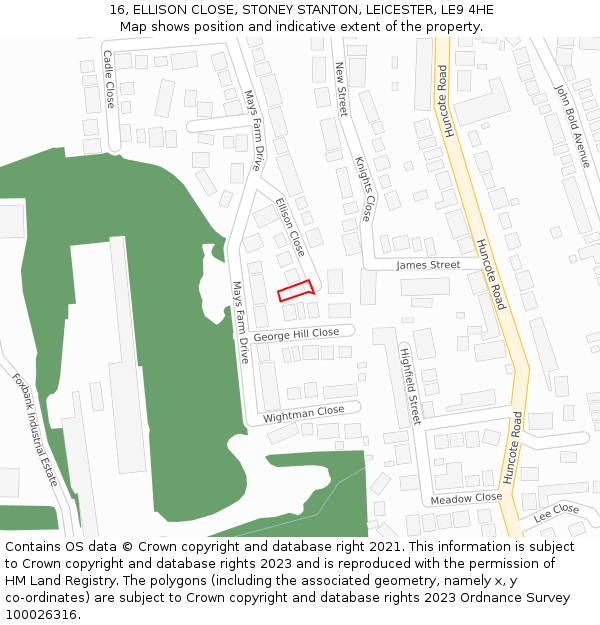 16, ELLISON CLOSE, STONEY STANTON, LEICESTER, LE9 4HE: Location map and indicative extent of plot