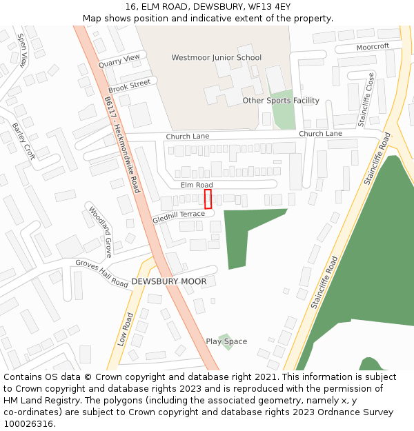 16, ELM ROAD, DEWSBURY, WF13 4EY: Location map and indicative extent of plot