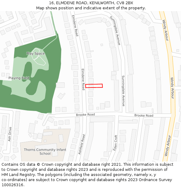 16, ELMDENE ROAD, KENILWORTH, CV8 2BX: Location map and indicative extent of plot