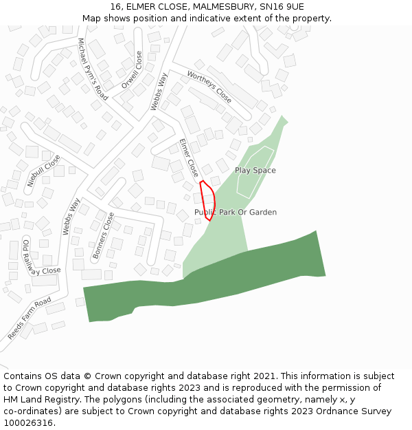 16, ELMER CLOSE, MALMESBURY, SN16 9UE: Location map and indicative extent of plot