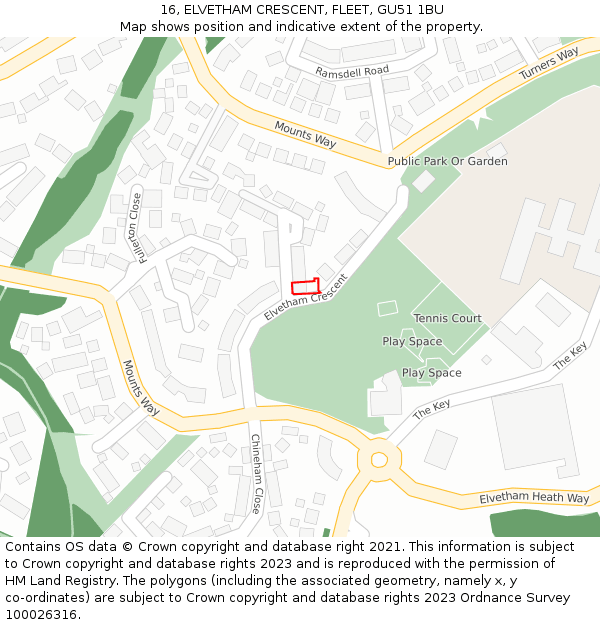 16, ELVETHAM CRESCENT, FLEET, GU51 1BU: Location map and indicative extent of plot