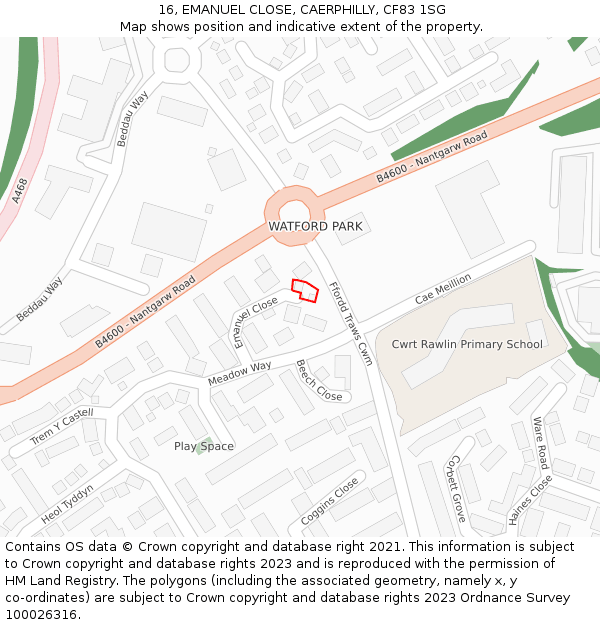 16, EMANUEL CLOSE, CAERPHILLY, CF83 1SG: Location map and indicative extent of plot