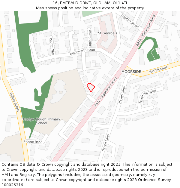 16, EMERALD DRIVE, OLDHAM, OL1 4TL: Location map and indicative extent of plot
