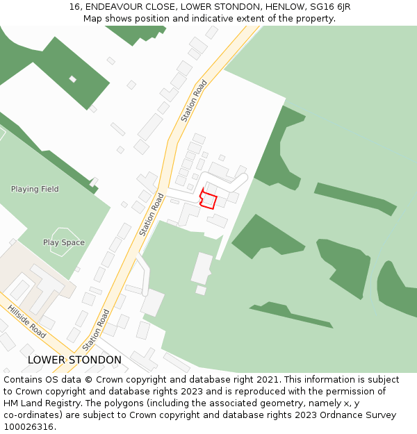 16, ENDEAVOUR CLOSE, LOWER STONDON, HENLOW, SG16 6JR: Location map and indicative extent of plot