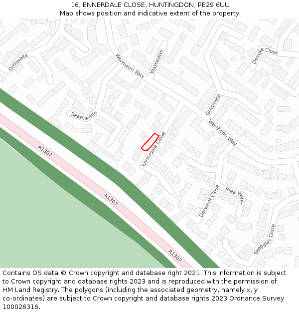 16, ENNERDALE CLOSE, HUNTINGDON, PE29 6UU: Location map and indicative extent of plot