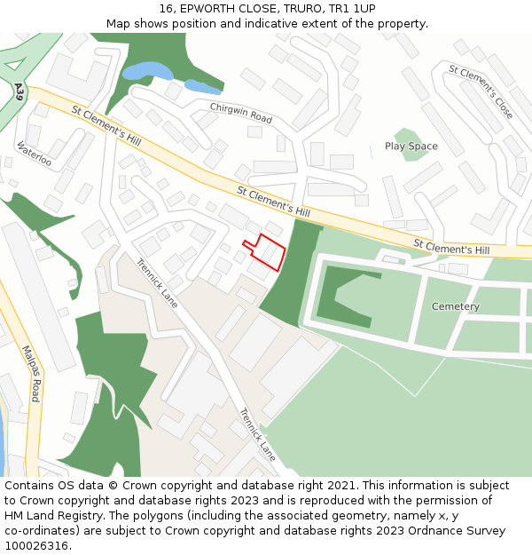 16, EPWORTH CLOSE, TRURO, TR1 1UP: Location map and indicative extent of plot