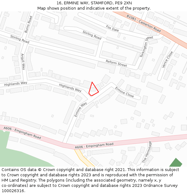 16, ERMINE WAY, STAMFORD, PE9 2XN: Location map and indicative extent of plot