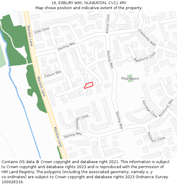 16, EXBURY WAY, NUNEATON, CV11 4RY: Location map and indicative extent of plot