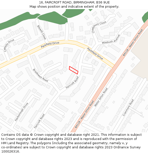 16, FAIRCROFT ROAD, BIRMINGHAM, B36 9UE: Location map and indicative extent of plot
