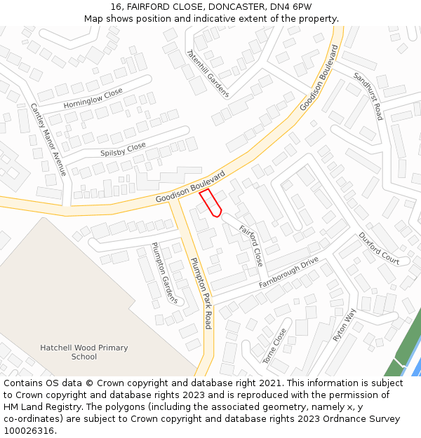 16, FAIRFORD CLOSE, DONCASTER, DN4 6PW: Location map and indicative extent of plot