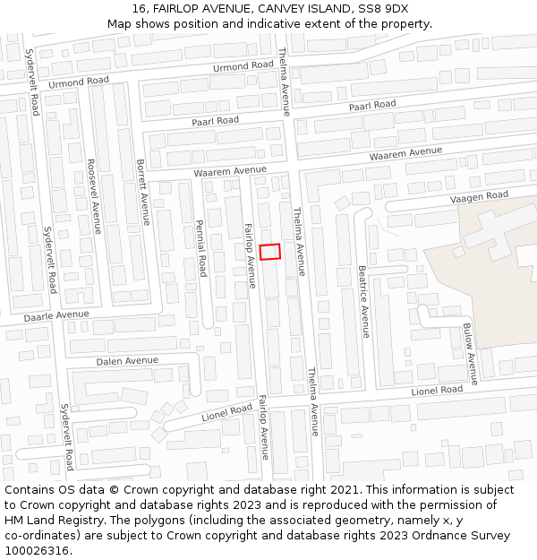 16, FAIRLOP AVENUE, CANVEY ISLAND, SS8 9DX: Location map and indicative extent of plot