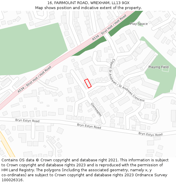 16, FAIRMOUNT ROAD, WREXHAM, LL13 9GX: Location map and indicative extent of plot