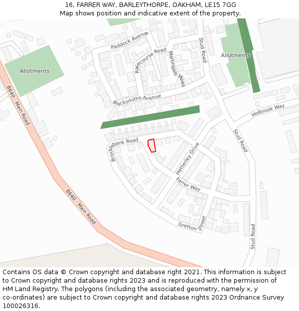 16, FARRER WAY, BARLEYTHORPE, OAKHAM, LE15 7GG: Location map and indicative extent of plot