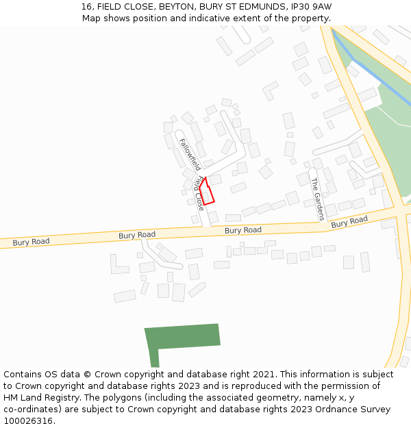 16, FIELD CLOSE, BEYTON, BURY ST EDMUNDS, IP30 9AW: Location map and indicative extent of plot