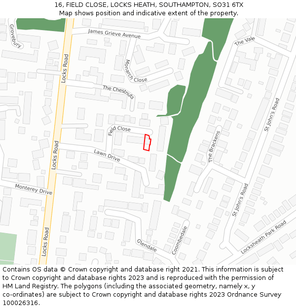 16, FIELD CLOSE, LOCKS HEATH, SOUTHAMPTON, SO31 6TX: Location map and indicative extent of plot