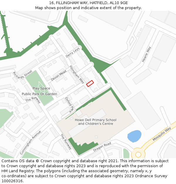 16, FILLINGHAM WAY, HATFIELD, AL10 9GE: Location map and indicative extent of plot