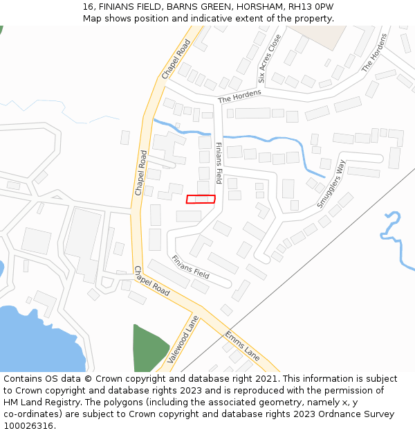 16, FINIANS FIELD, BARNS GREEN, HORSHAM, RH13 0PW: Location map and indicative extent of plot