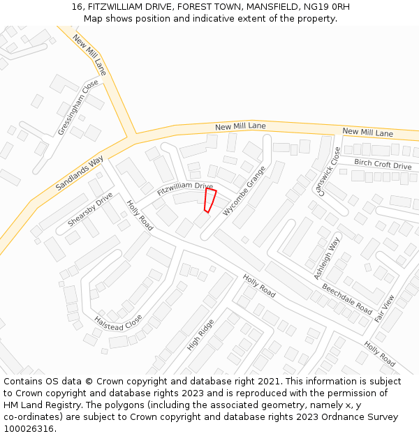 16, FITZWILLIAM DRIVE, FOREST TOWN, MANSFIELD, NG19 0RH: Location map and indicative extent of plot
