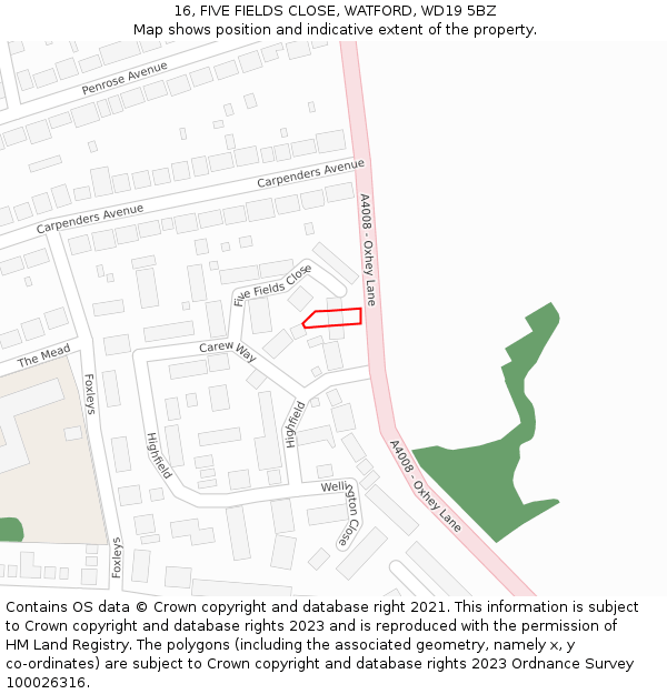 16, FIVE FIELDS CLOSE, WATFORD, WD19 5BZ: Location map and indicative extent of plot
