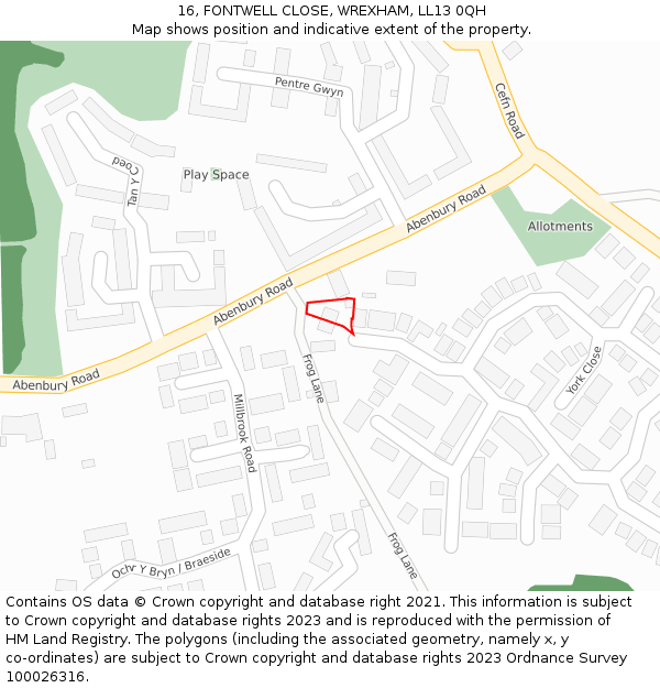 16, FONTWELL CLOSE, WREXHAM, LL13 0QH: Location map and indicative extent of plot