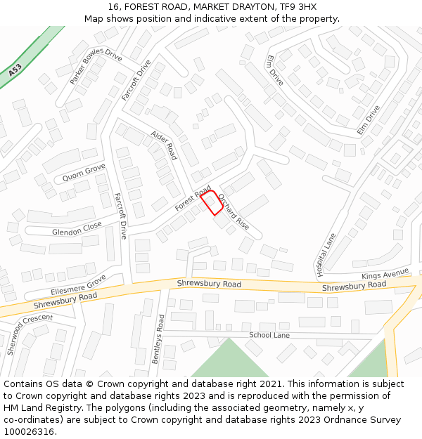 16, FOREST ROAD, MARKET DRAYTON, TF9 3HX: Location map and indicative extent of plot