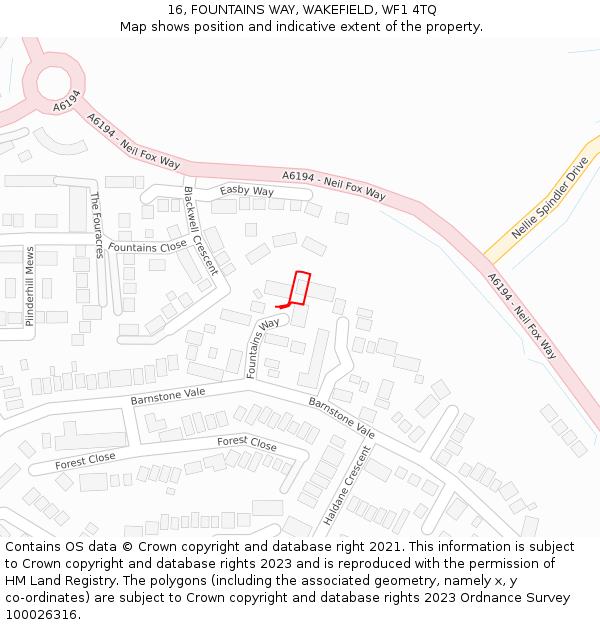 16, FOUNTAINS WAY, WAKEFIELD, WF1 4TQ: Location map and indicative extent of plot