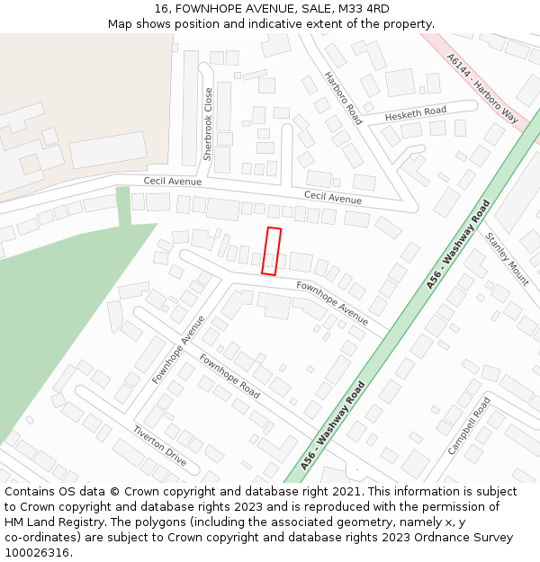 16, FOWNHOPE AVENUE, SALE, M33 4RD: Location map and indicative extent of plot