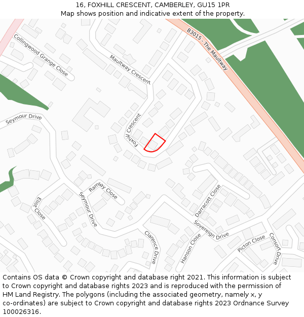 16, FOXHILL CRESCENT, CAMBERLEY, GU15 1PR: Location map and indicative extent of plot