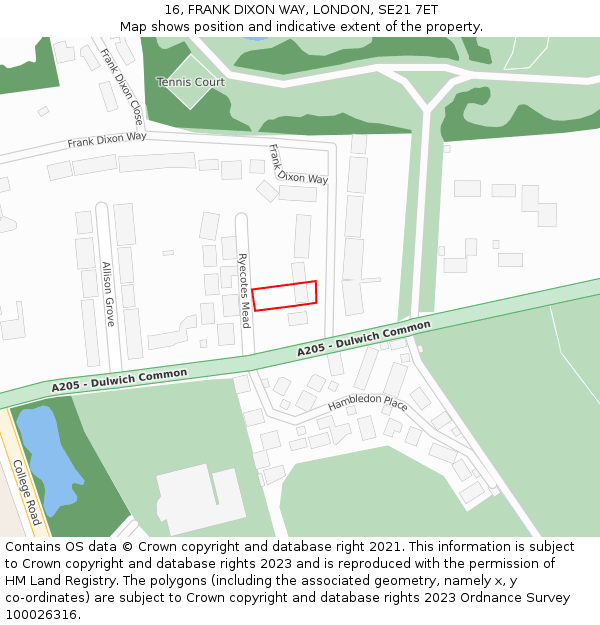 16, FRANK DIXON WAY, LONDON, SE21 7ET: Location map and indicative extent of plot