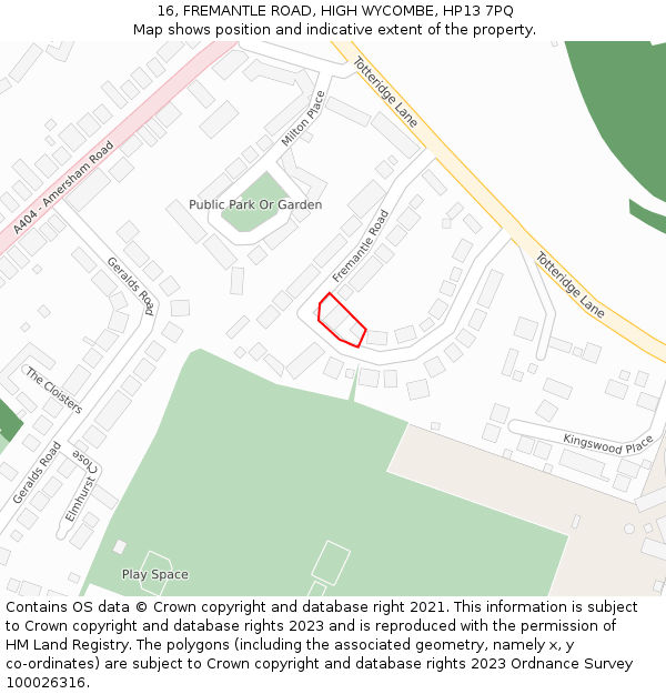 16, FREMANTLE ROAD, HIGH WYCOMBE, HP13 7PQ: Location map and indicative extent of plot