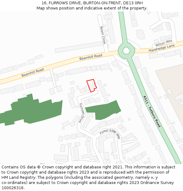 16, FURROWS DRIVE, BURTON-ON-TRENT, DE13 0RH: Location map and indicative extent of plot