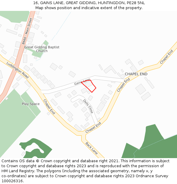 16, GAINS LANE, GREAT GIDDING, HUNTINGDON, PE28 5NL: Location map and indicative extent of plot