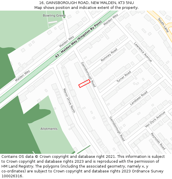 16, GAINSBOROUGH ROAD, NEW MALDEN, KT3 5NU: Location map and indicative extent of plot