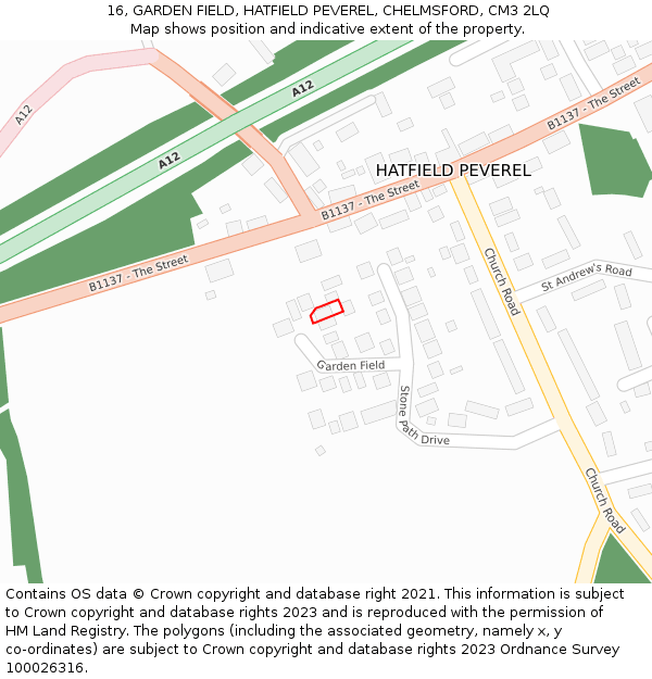 16, GARDEN FIELD, HATFIELD PEVEREL, CHELMSFORD, CM3 2LQ: Location map and indicative extent of plot