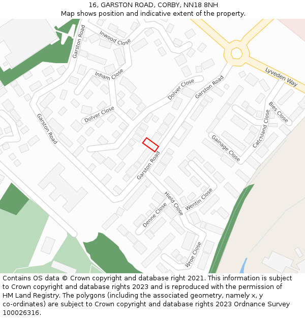 16, GARSTON ROAD, CORBY, NN18 8NH: Location map and indicative extent of plot