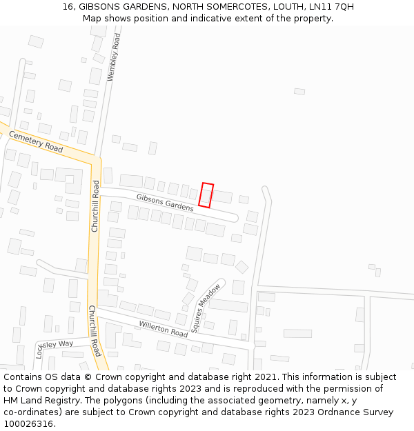 16, GIBSONS GARDENS, NORTH SOMERCOTES, LOUTH, LN11 7QH: Location map and indicative extent of plot