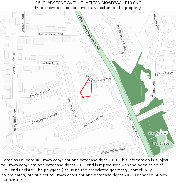 16, GLADSTONE AVENUE, MELTON MOWBRAY, LE13 0NG: Location map and indicative extent of plot