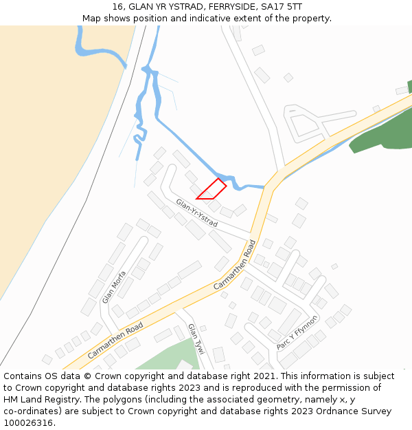 16, GLAN YR YSTRAD, FERRYSIDE, SA17 5TT: Location map and indicative extent of plot